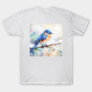 Colorful little blue bird sitting on a tree branch T-Shirt